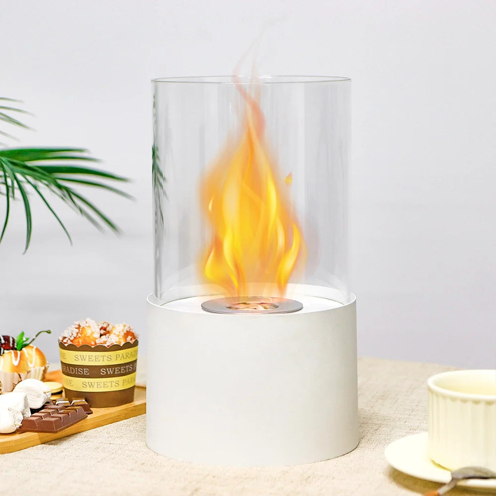 11.4-Inch Modern White Tabletop Fireplace with Glass Cylinder