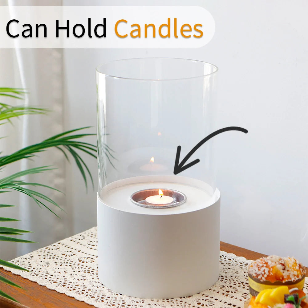 11.4-Inch Modern White Tabletop Fireplace with Glass Cylinder