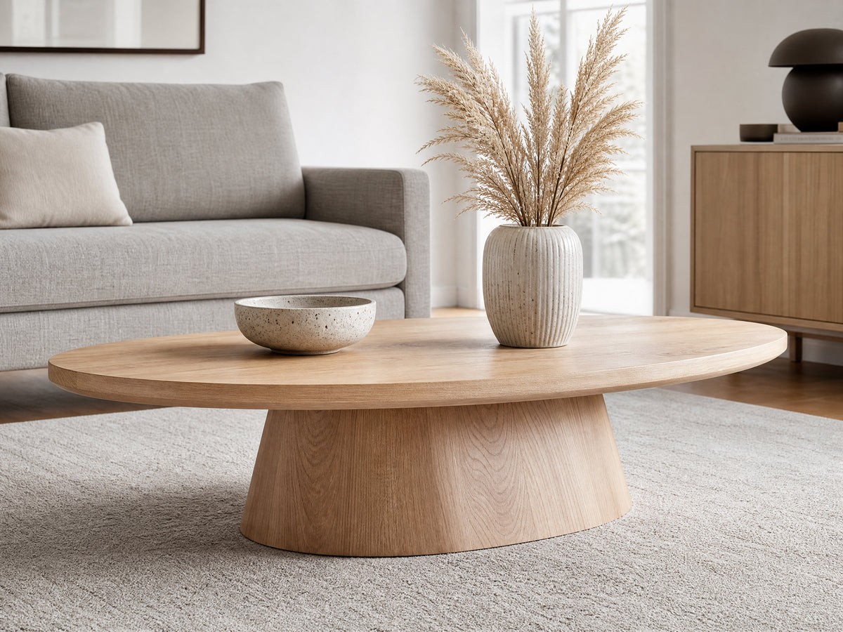 Modern Handmade Oval Coffee Table in Natural Ash lifestyle room scene