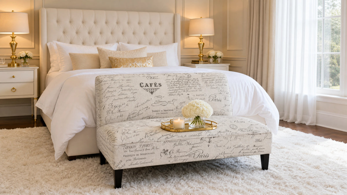Modern Loveseat Sofa with Off-White Cursive Pattern Upholstery and Black Wood Legs