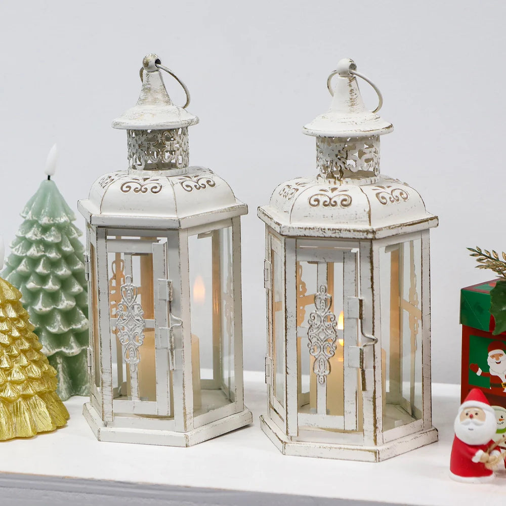White vintage hanging lantern set showing 10-inch height and design details