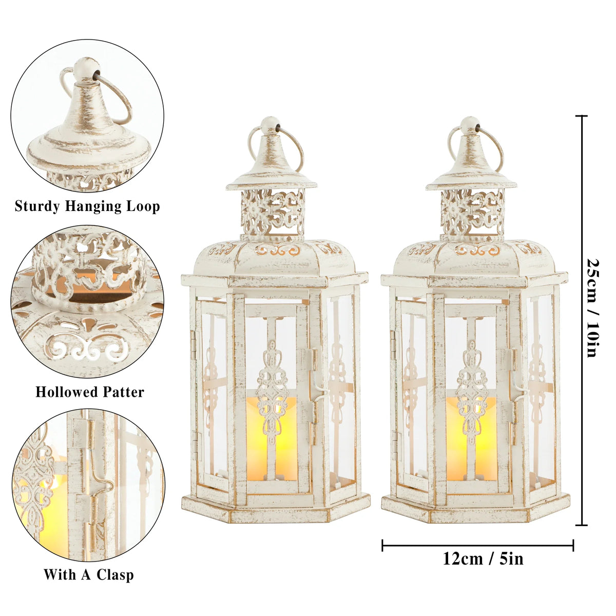 Vintage decorative lantern with hanging loop, clasp door, and clear panels