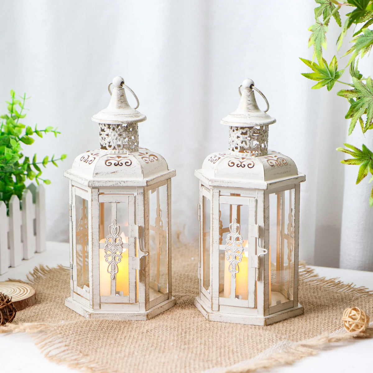 Vintage decorative lantern with hanging loop, clasp door, and clear panels