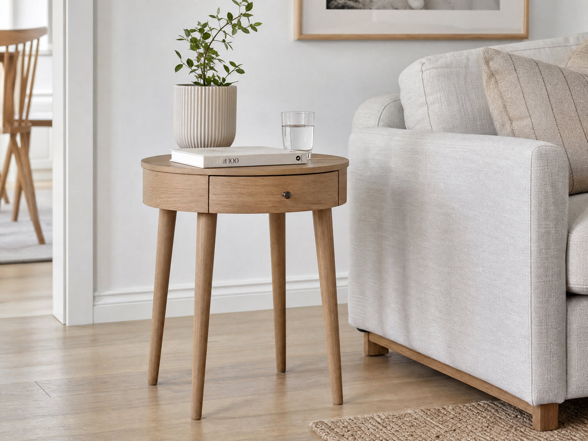 Nordic Minimalist Round Side Table with Drawer lifestyle room scene