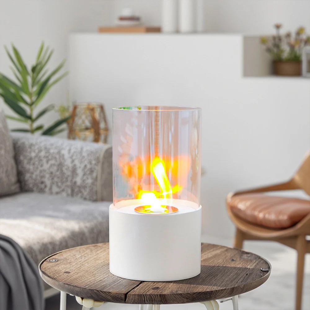 11.4-Inch Modern White Tabletop Fireplace with Glass Cylinder