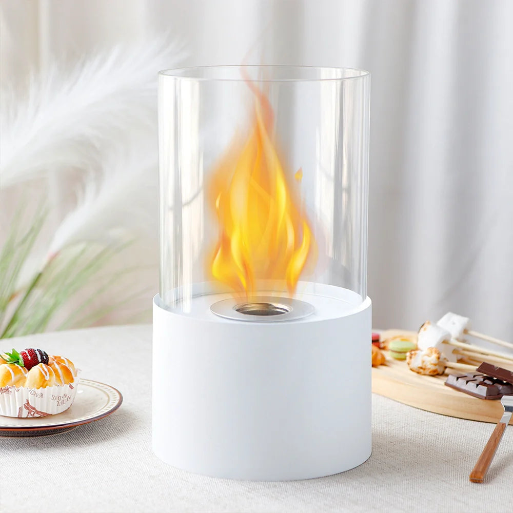 11.4-Inch Modern White Tabletop Fireplace with Glass Cylinder
