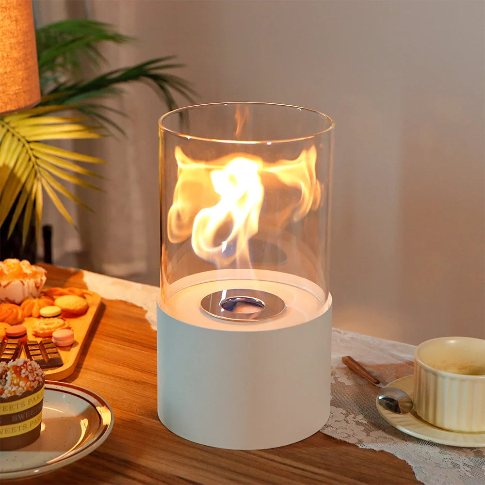 11.4-Inch Modern White Tabletop Fireplace with Glass Cylinder