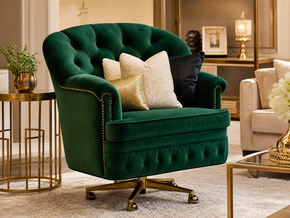Green Velvet Swivel Accent Chair with Wheels lifestyle room scene