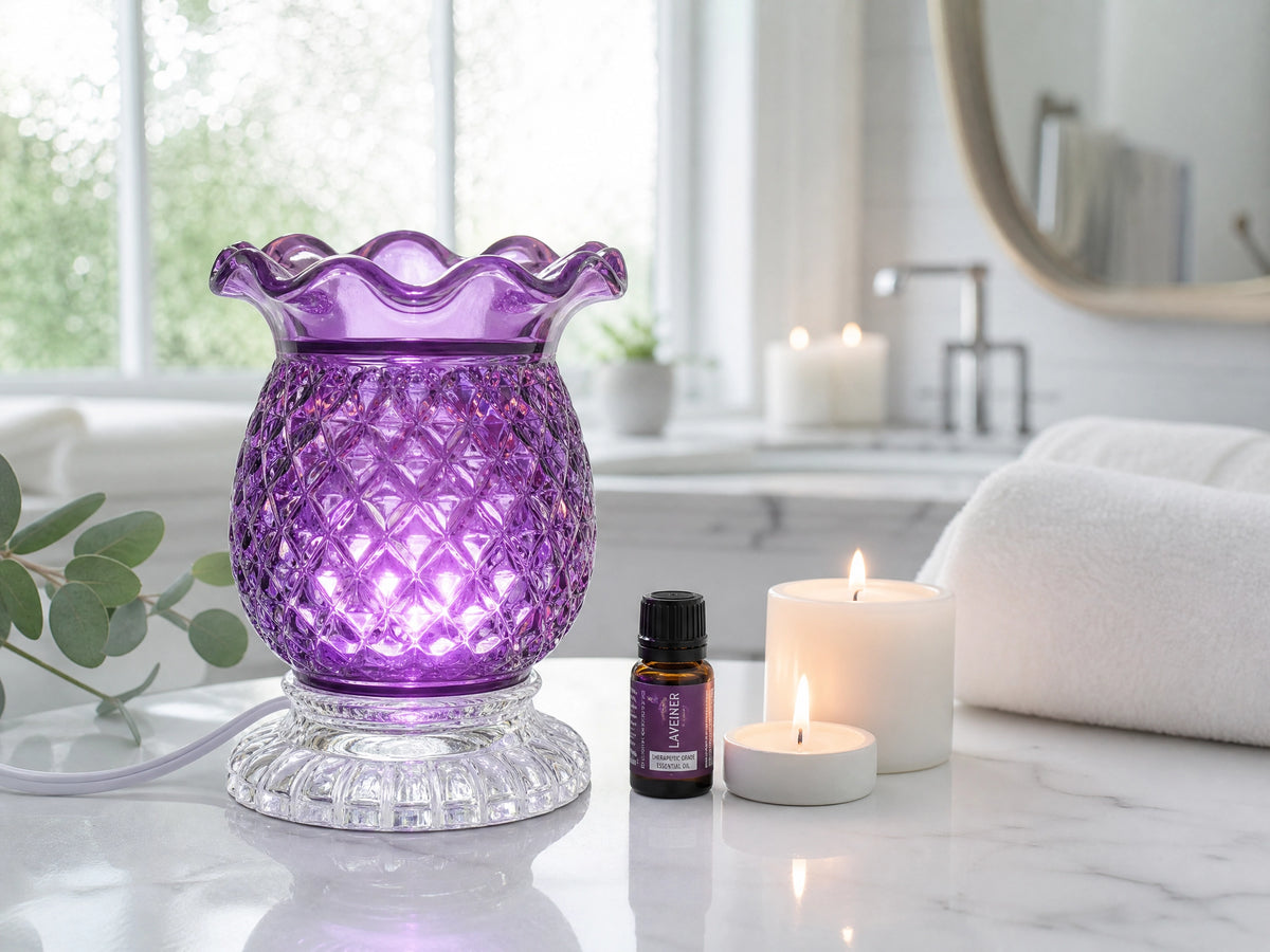 Crystal Glass Electric Fragrance Oil Warmer in Purple on bathroom vanity spa scene