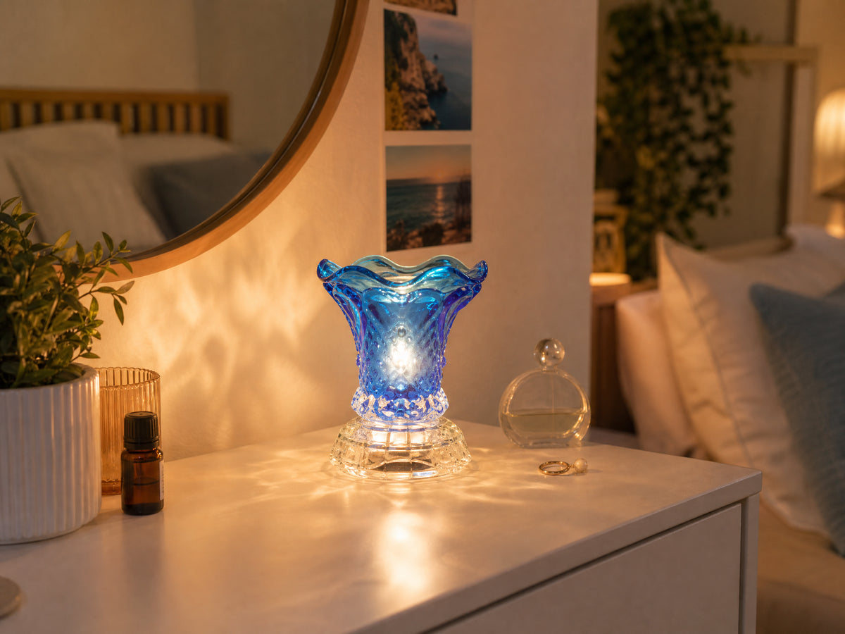 Crystal glass oil warmer in cozy room setting